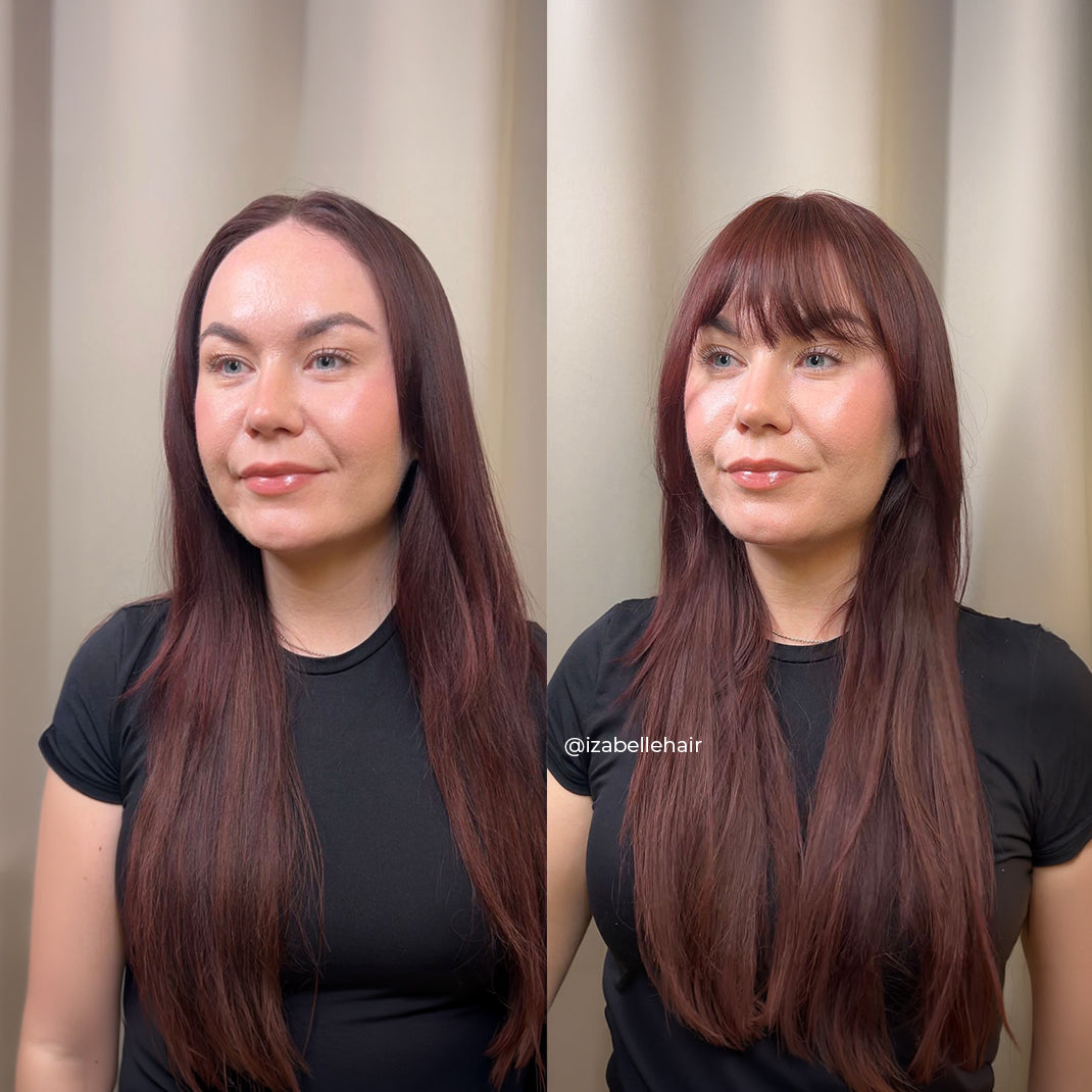 På vänster sida är en frisör med mörbrunt hår utan en clip on lugg. På höger sida är samma frisör med en clip-on lugg som smälter perfekt in i hennes eget hår. Lösluggen fästs med små clips. 