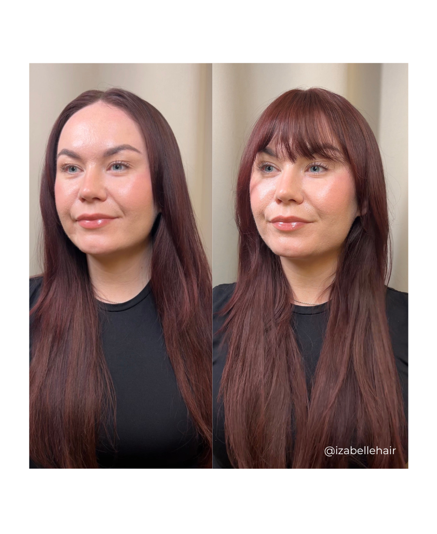 På vänster sida är en frisör med mörbrunt hår utan en clip on lugg. På höger sida är samma frisör med en clip-on lugg som smälter perfekt in i hennes eget hår. Lösluggen fästs med små clips. 